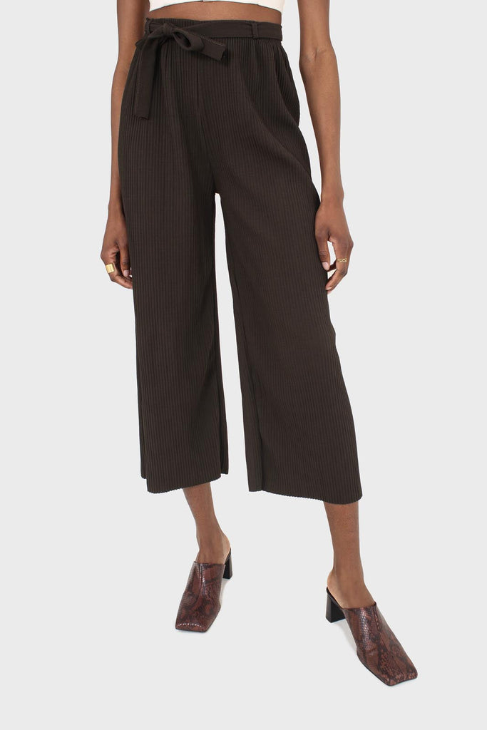 Khaki tie waist ribbed wide leg loose fit trousers_1