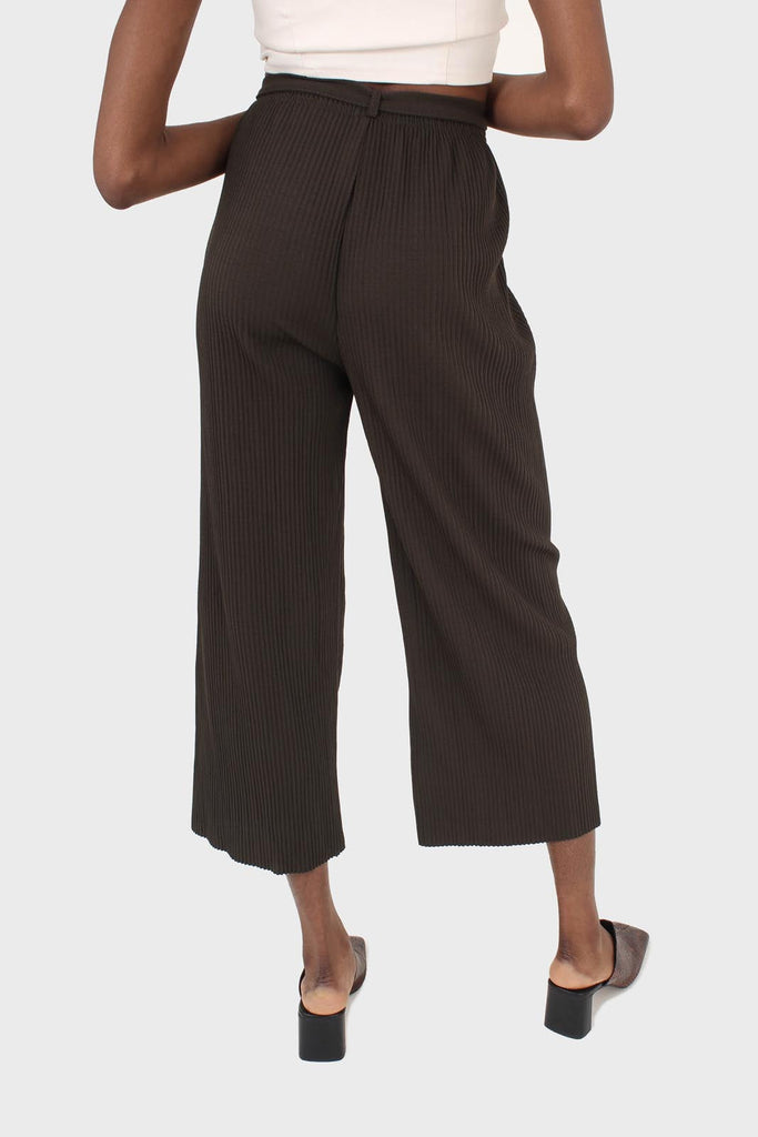 Khaki tie waist ribbed wide leg loose fit trousers_2