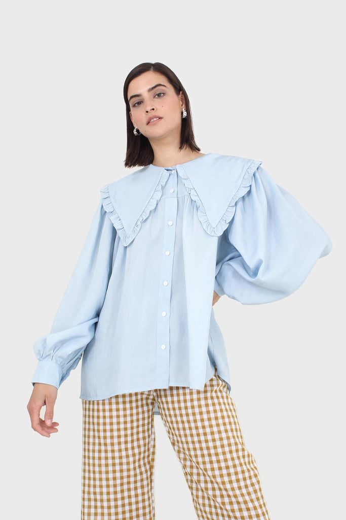 Blue frill large collar balloon sleeve blouse_1