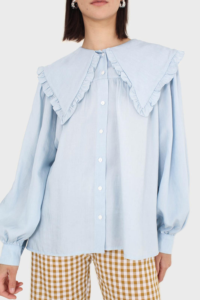 Blue frill large collar balloon sleeve blouse_8