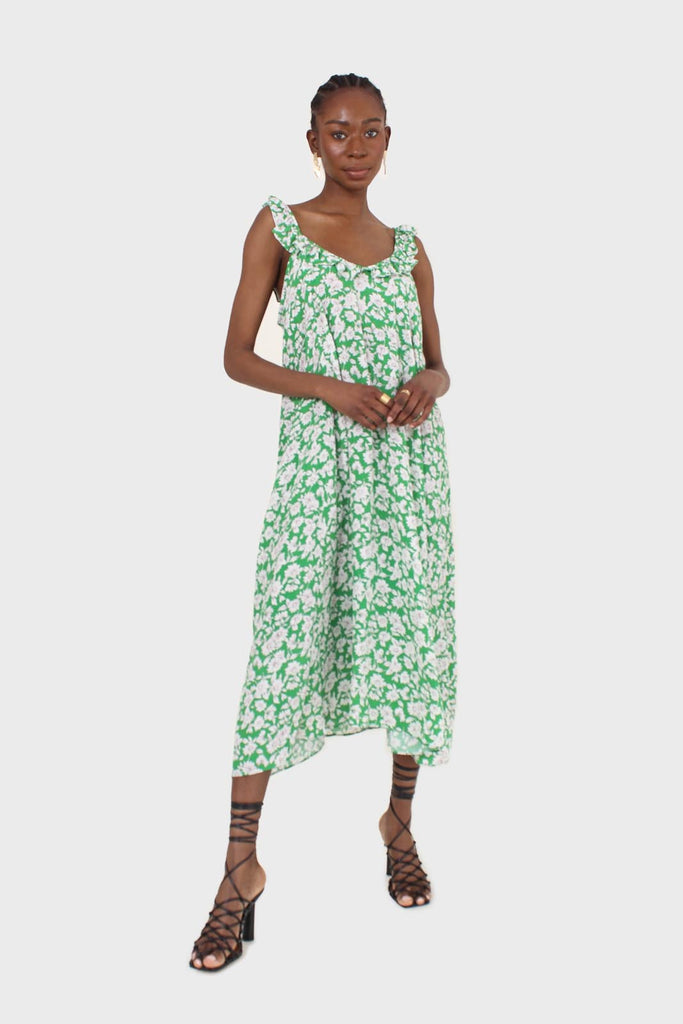 Green and ivory floral print ruffle strap midi dress_11