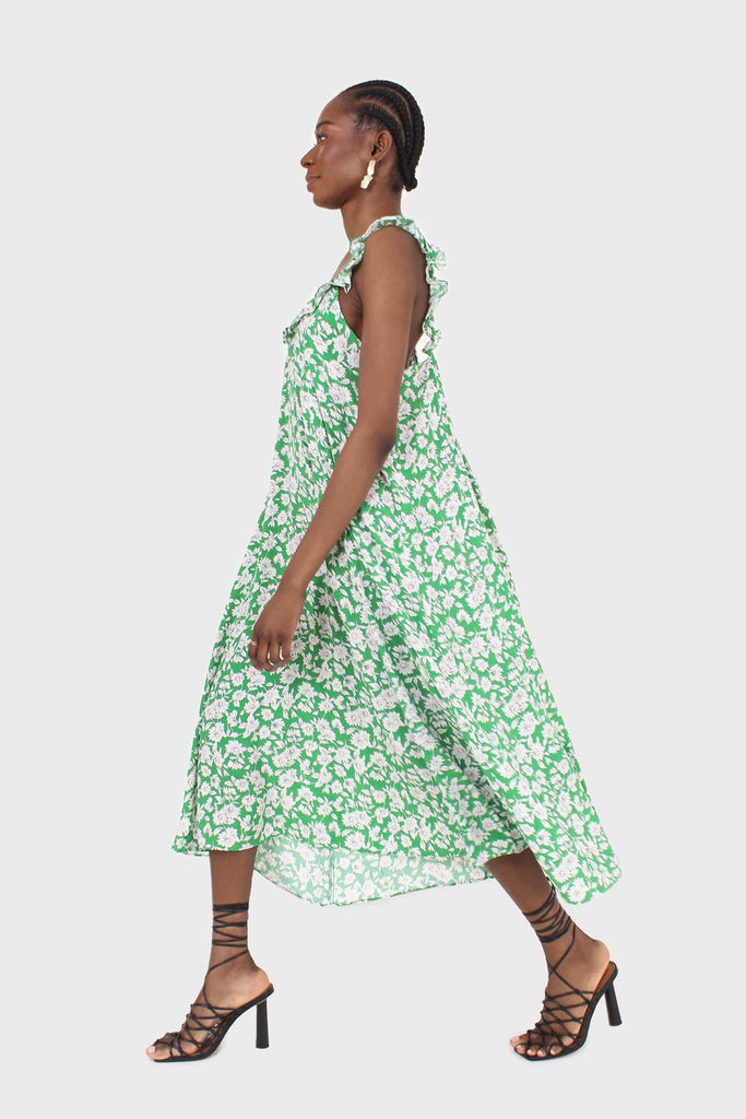 Green and ivory floral print ruffle strap midi dress_5