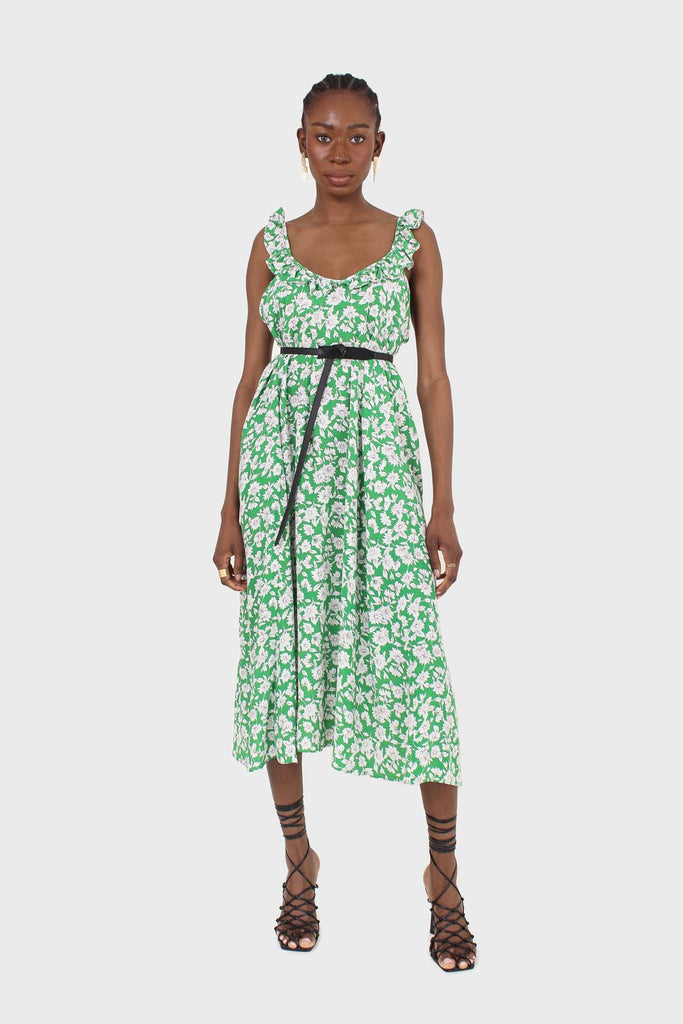 Green and ivory floral print ruffle strap midi dress_1