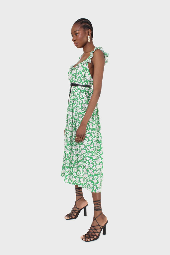 Green and ivory floral print ruffle strap midi dress_3