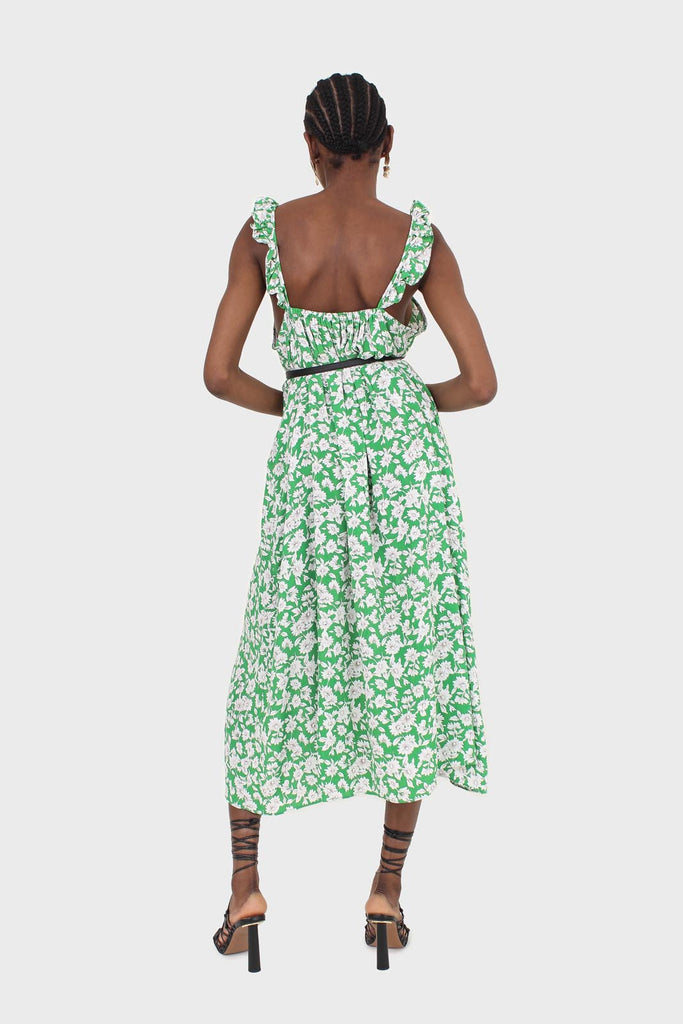 Green and ivory floral print ruffle strap midi dress_2