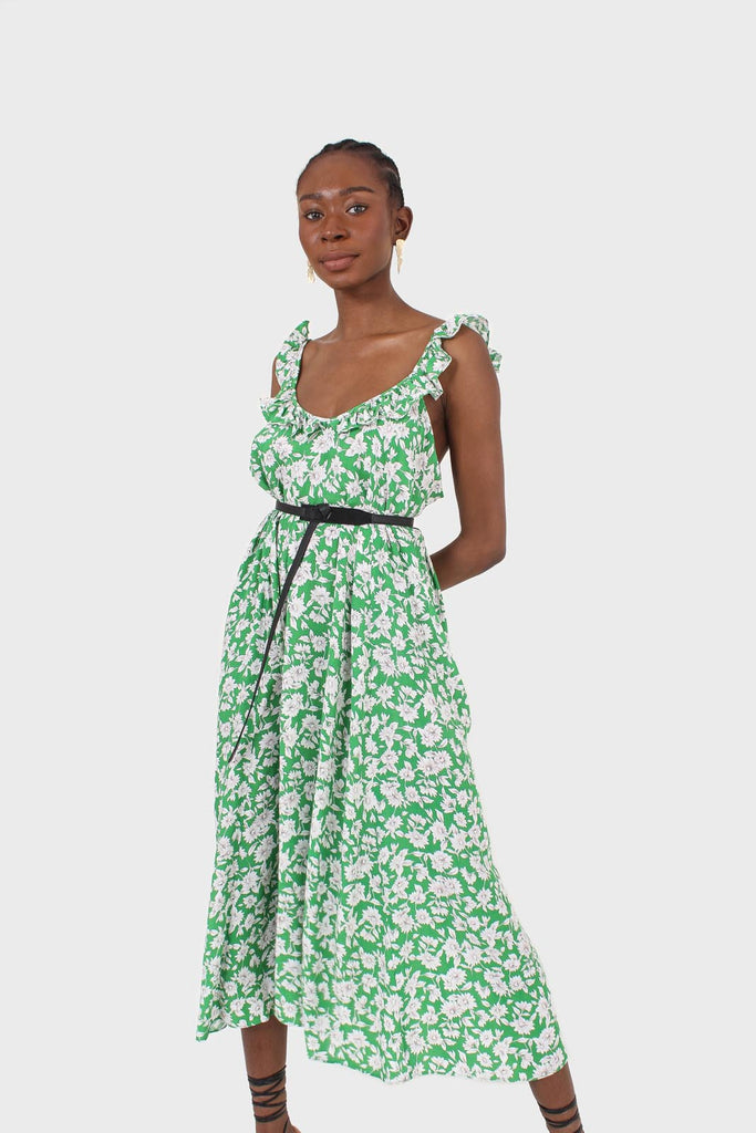 Green and ivory floral print ruffle strap midi dress_7