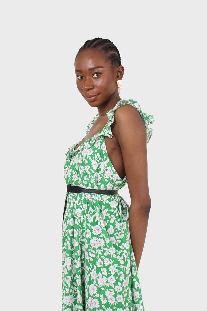 Green and ivory floral print ruffle strap midi dress_8