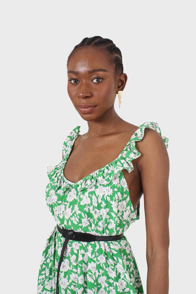 Green and ivory floral print ruffle strap midi dress_10