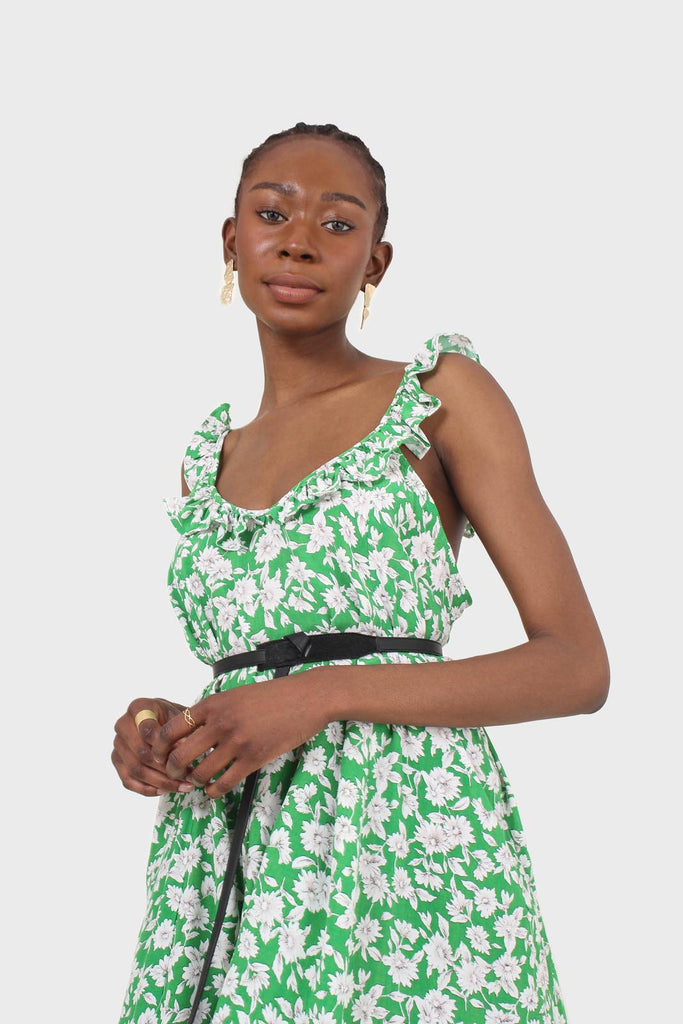 Green and ivory floral print ruffle strap midi dress_9