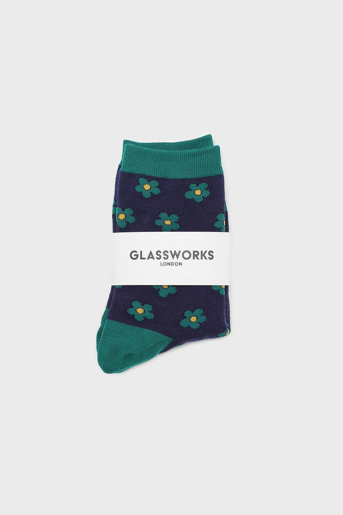 Navy and green daisy print socks_4