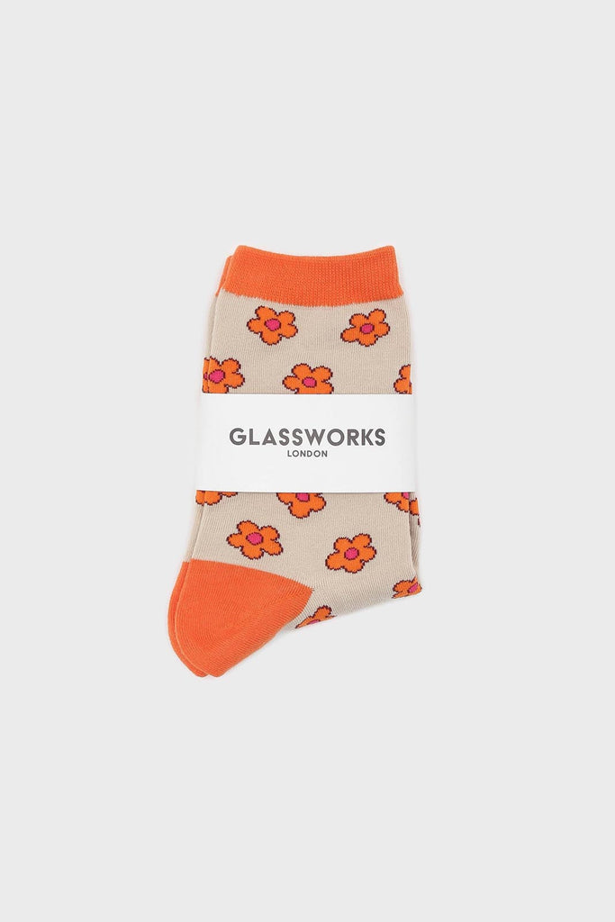 Beige and orange daisy print socks_4