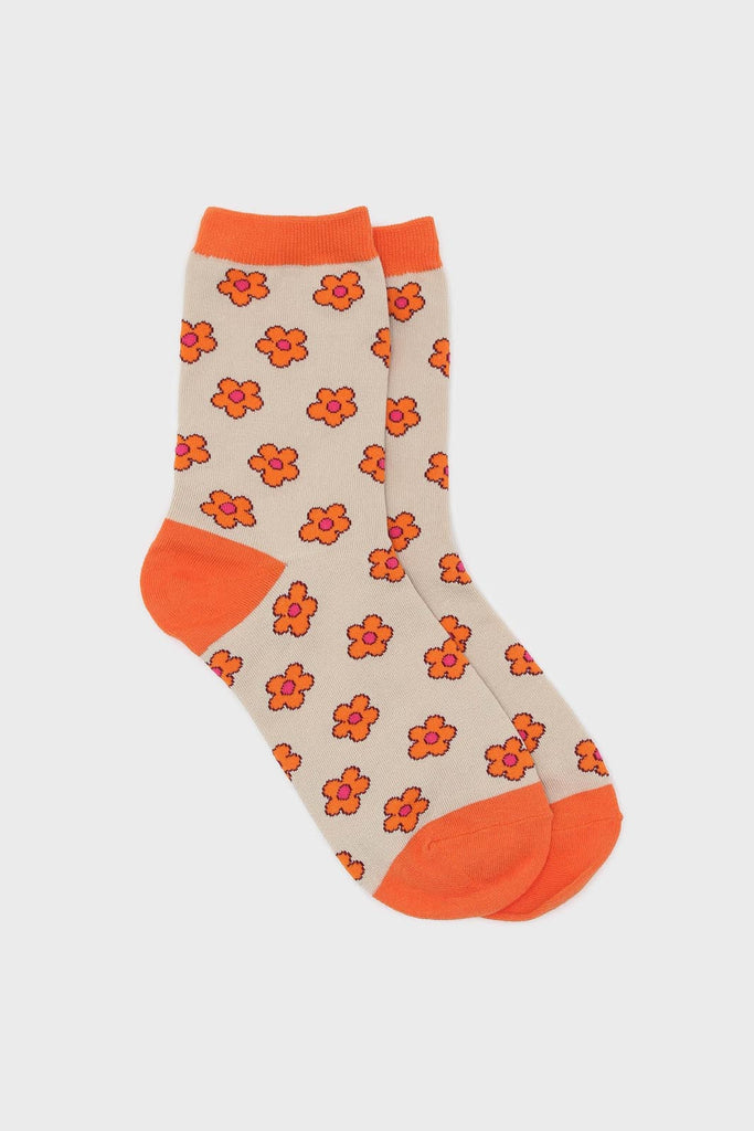 Beige and orange daisy print socks_1