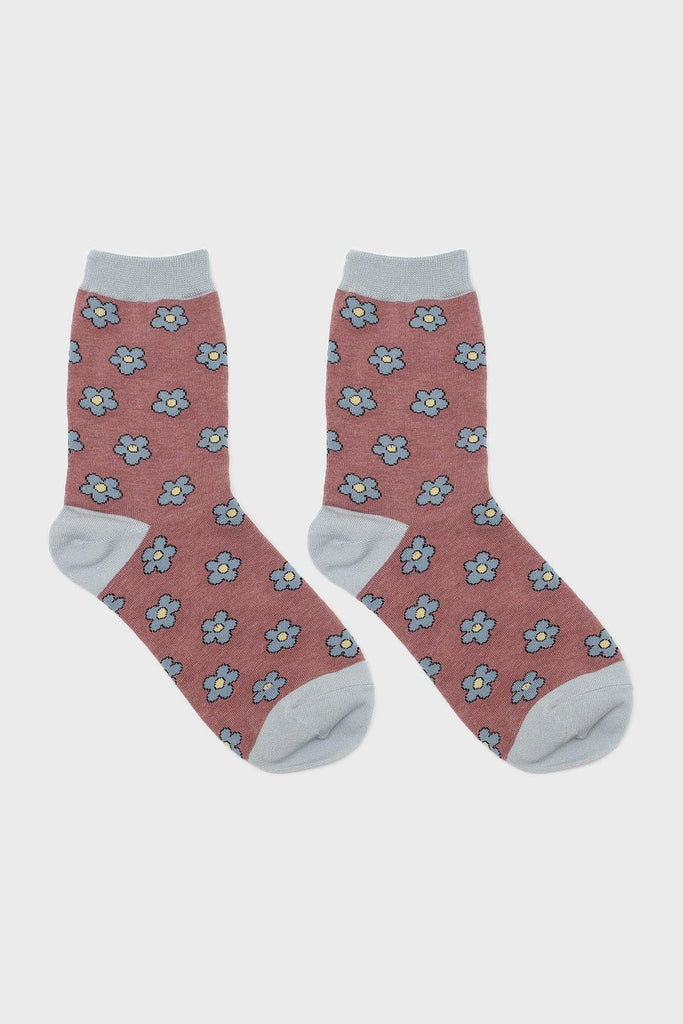 Brown and blue daisy print socks_3