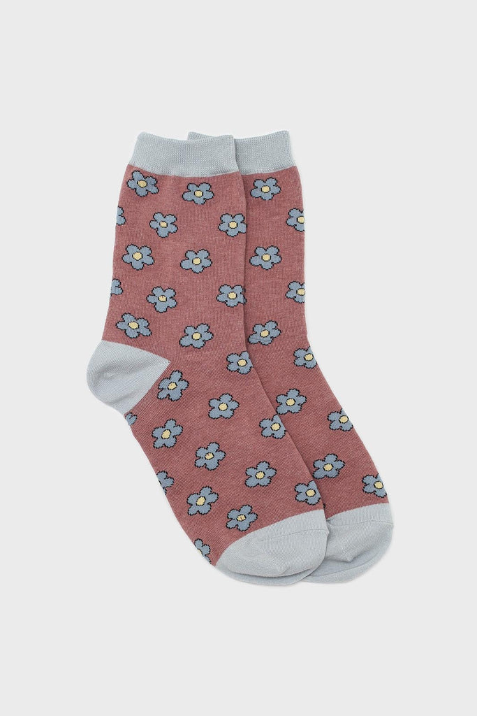 Brown and blue daisy print socks_1
