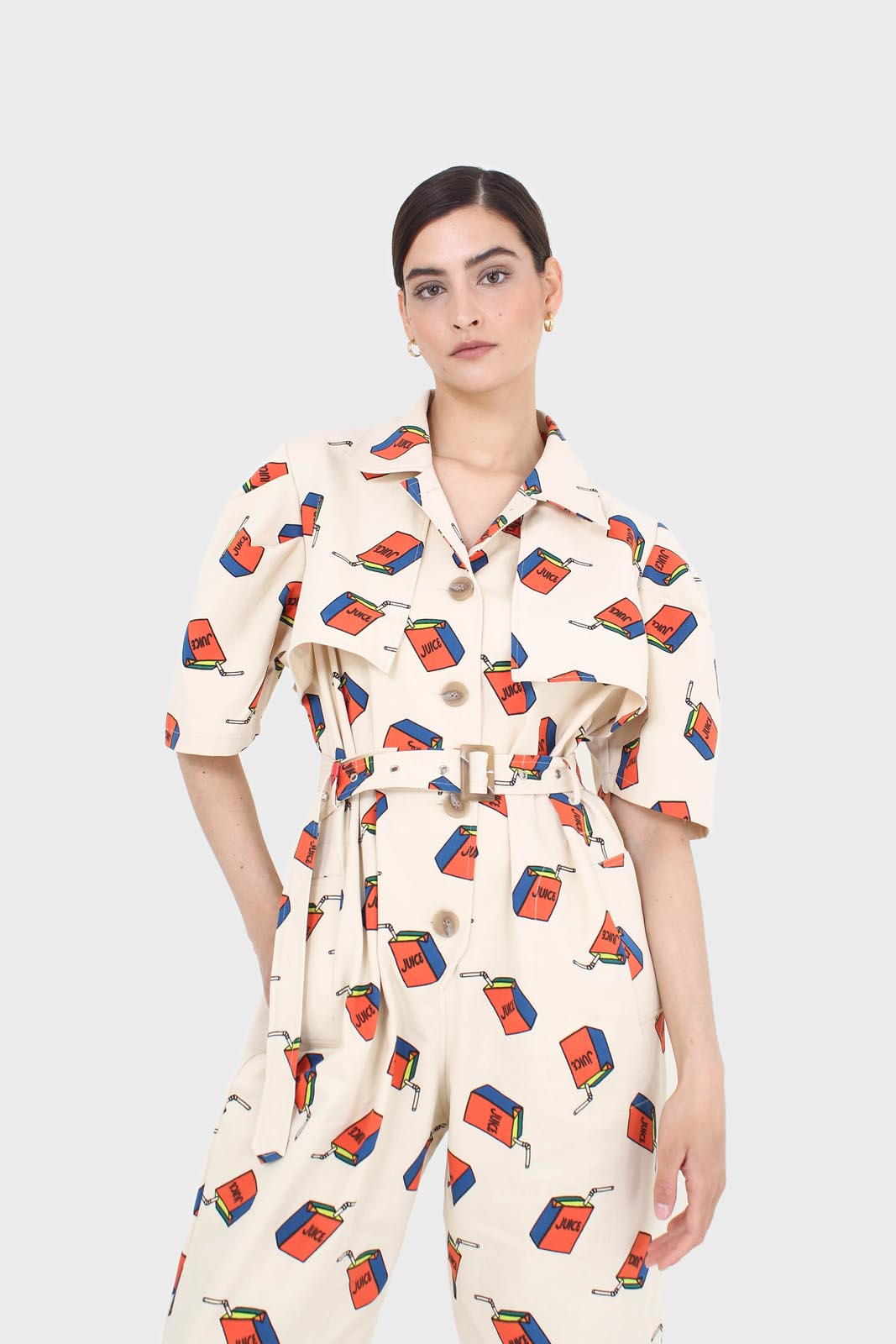 Beige juicebox print short sleeved boilersuit_6
