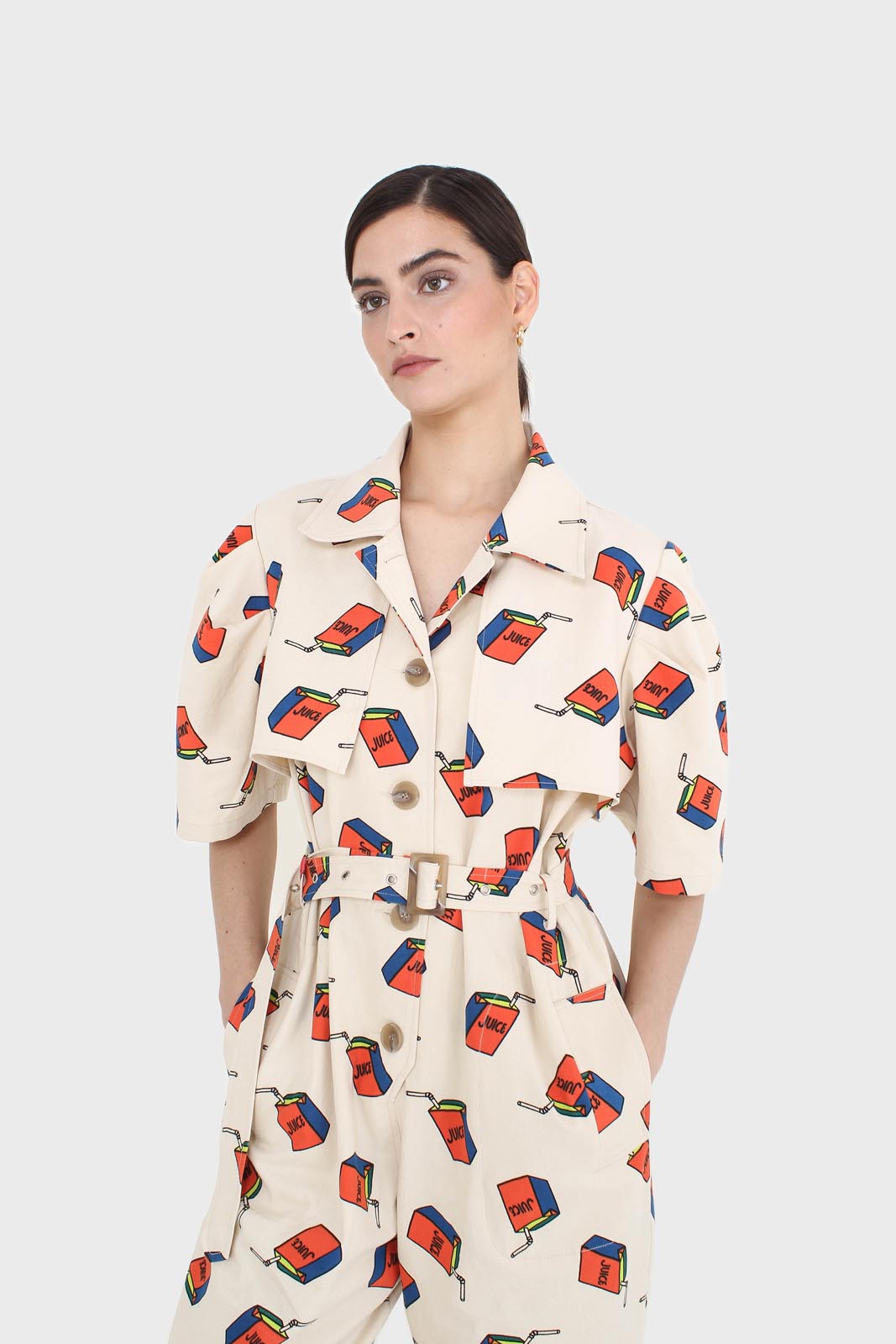 Beige juicebox print short sleeved boilersuit_7