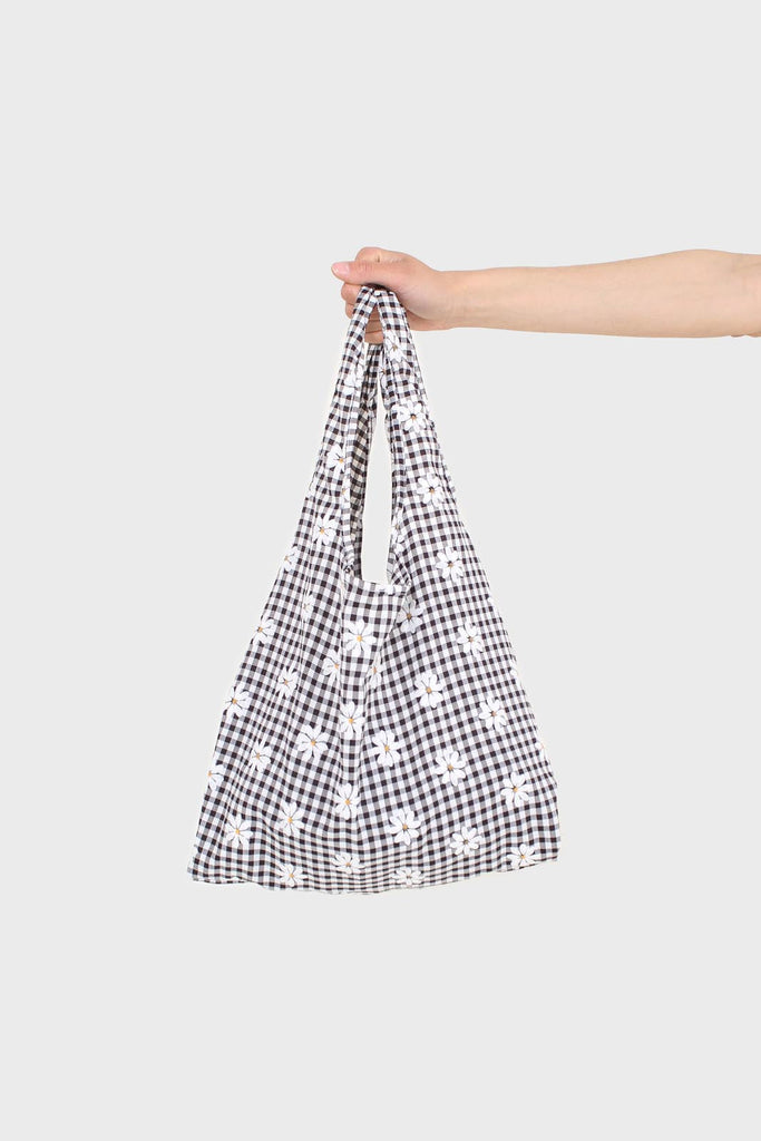 Black and ivory gingham and floral print tote bag_1