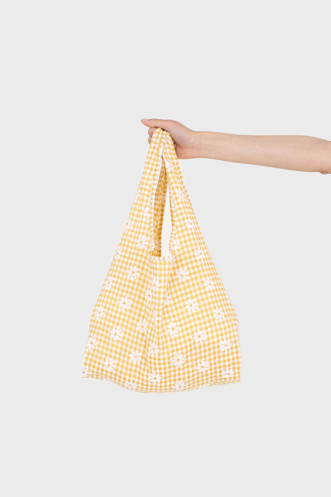 Yellow and ivory gingham and floral print tote bag_1