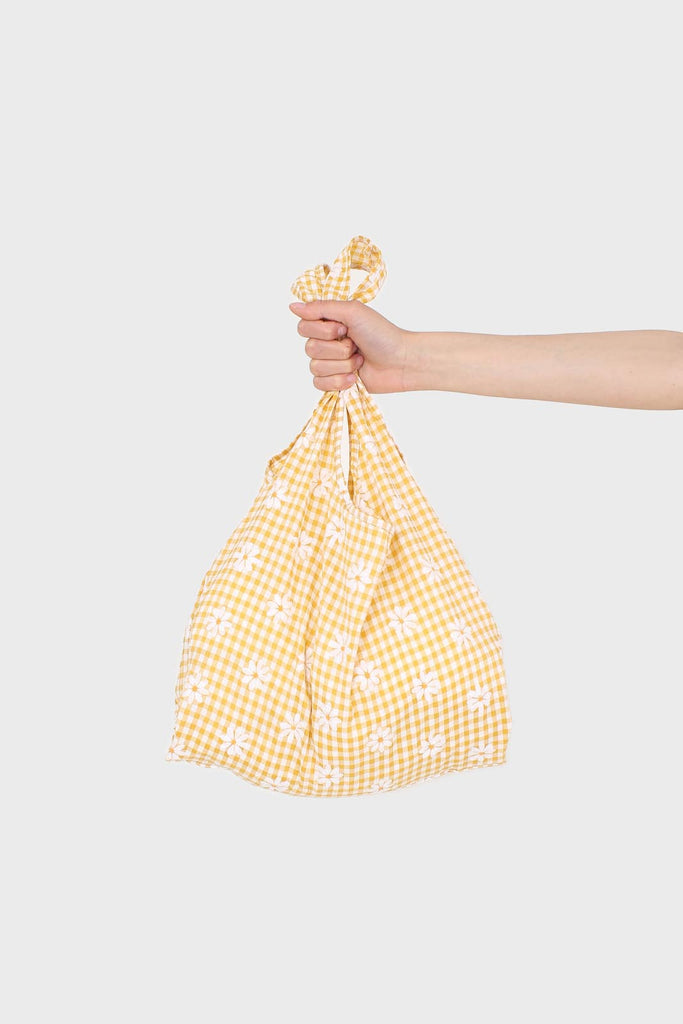Yellow and ivory gingham and floral print tote bag_2