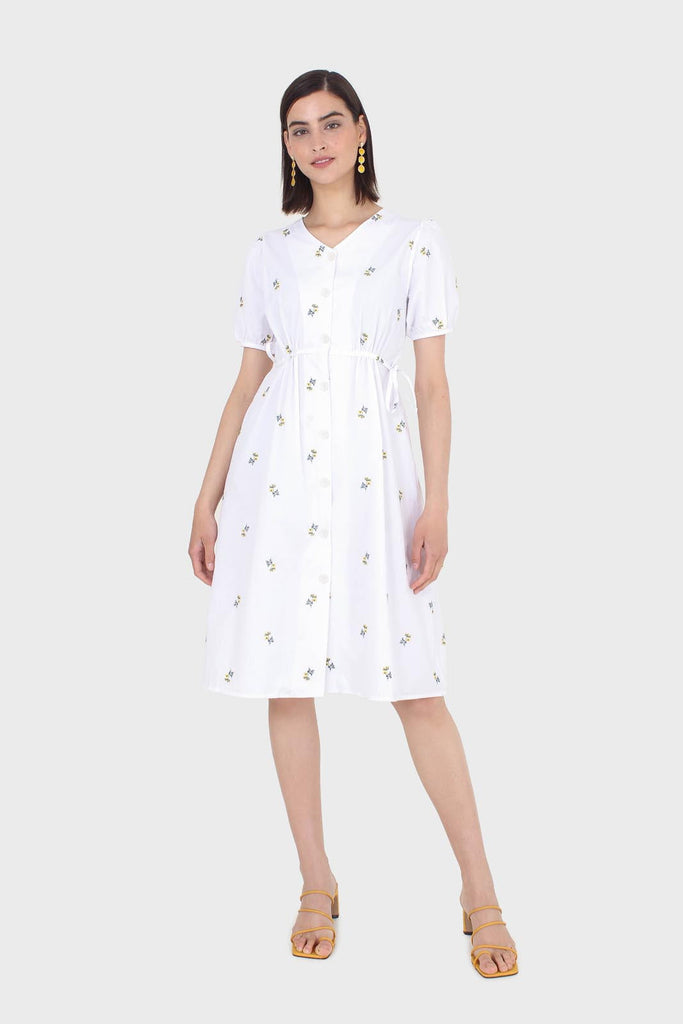 White embroidered floral button front midi dress_1
