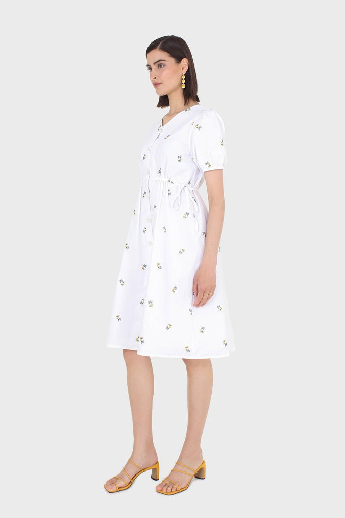 White embroidered floral button front midi dress_4