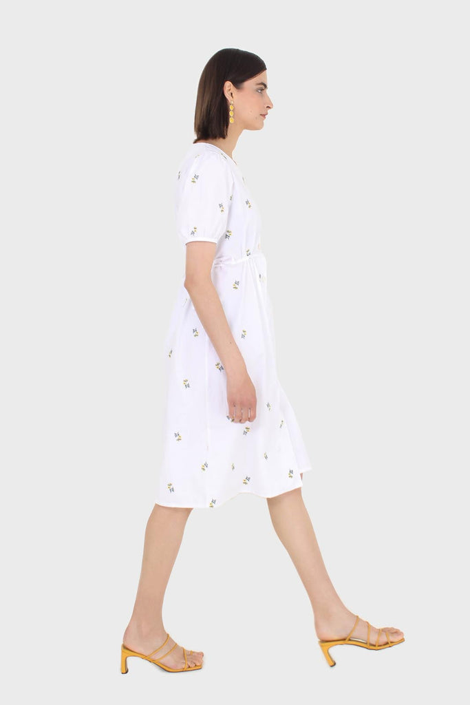 White embroidered floral button front midi dress_8