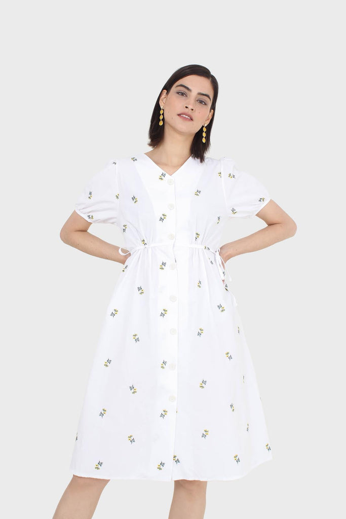 White embroidered floral button front midi dress_6