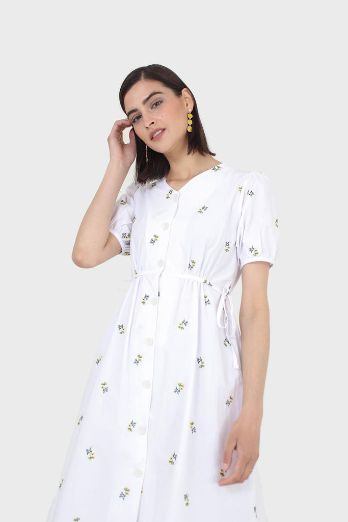 White embroidered floral button front midi dress_9