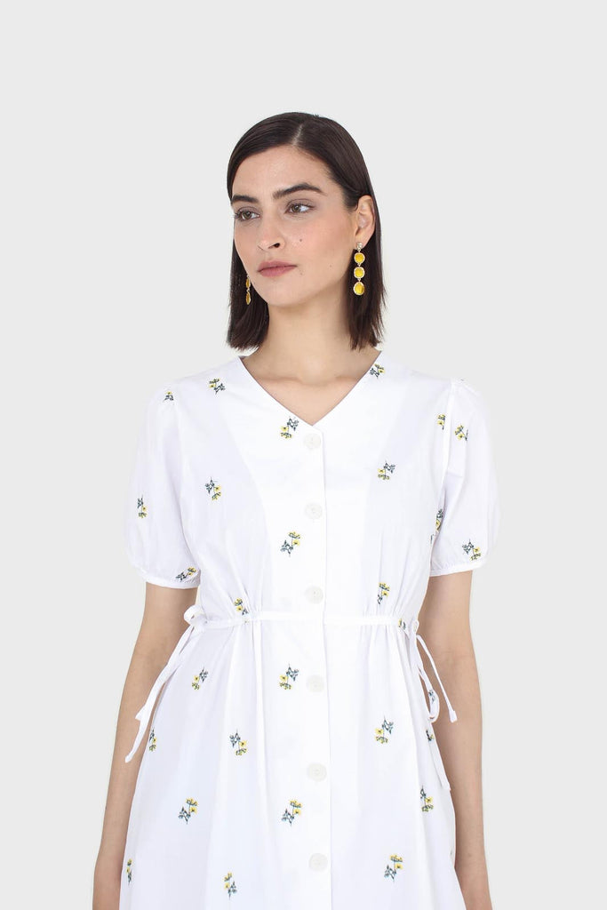 White embroidered floral button front midi dress_10
