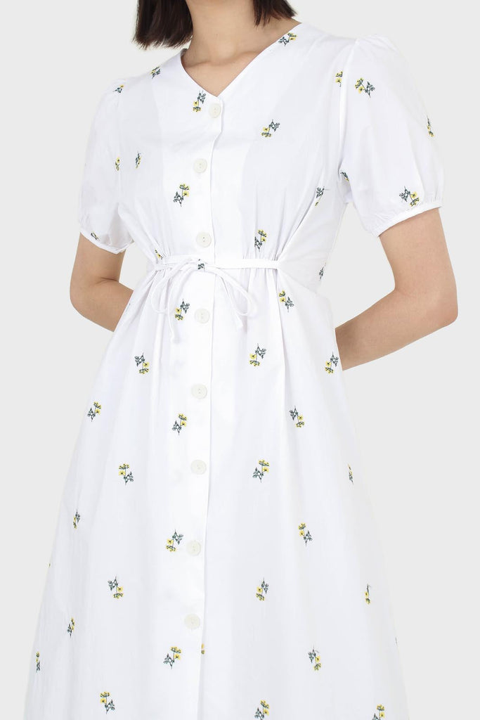 White embroidered floral button front midi dress_5