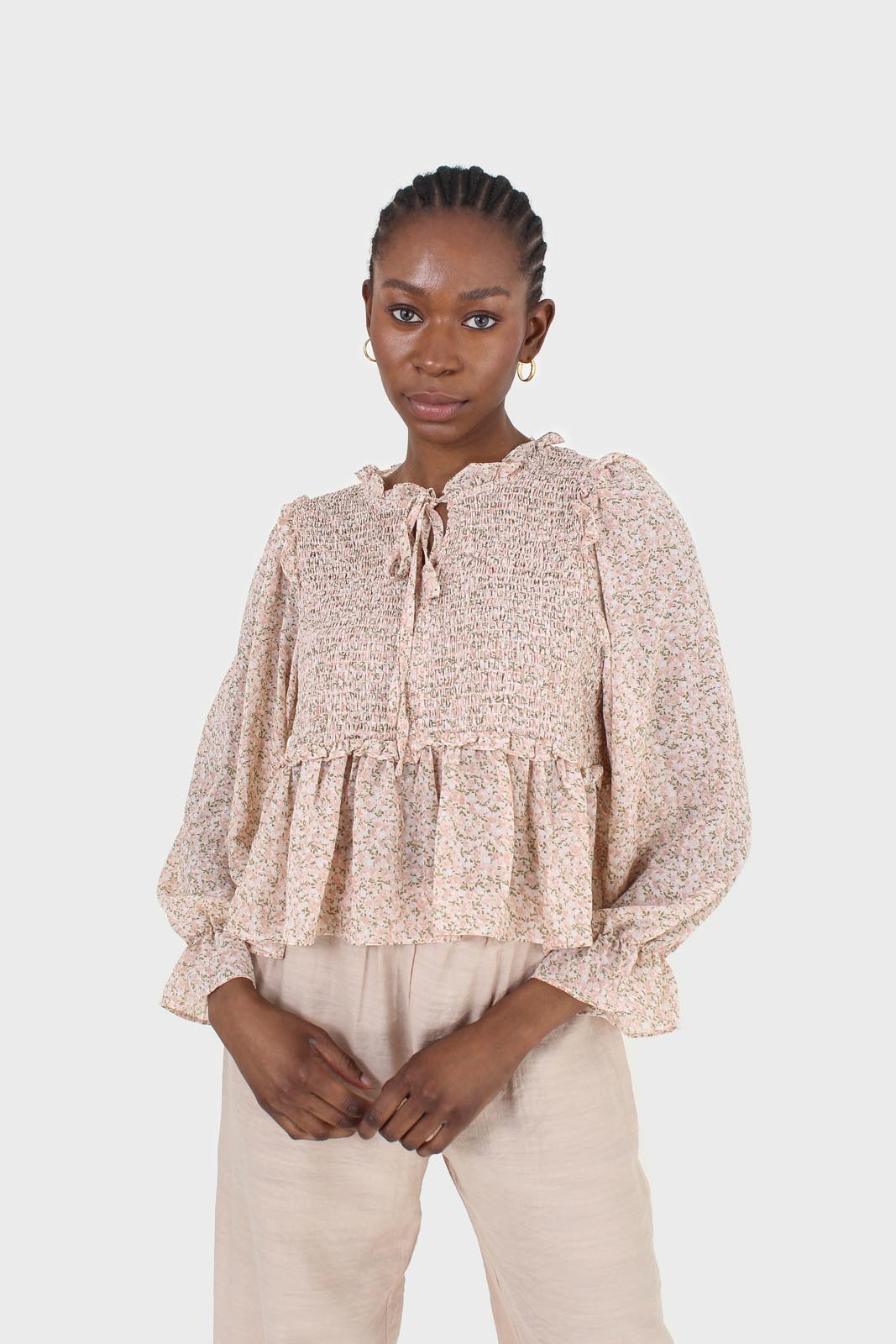 Pink and lilac floral print smocked blouse_1