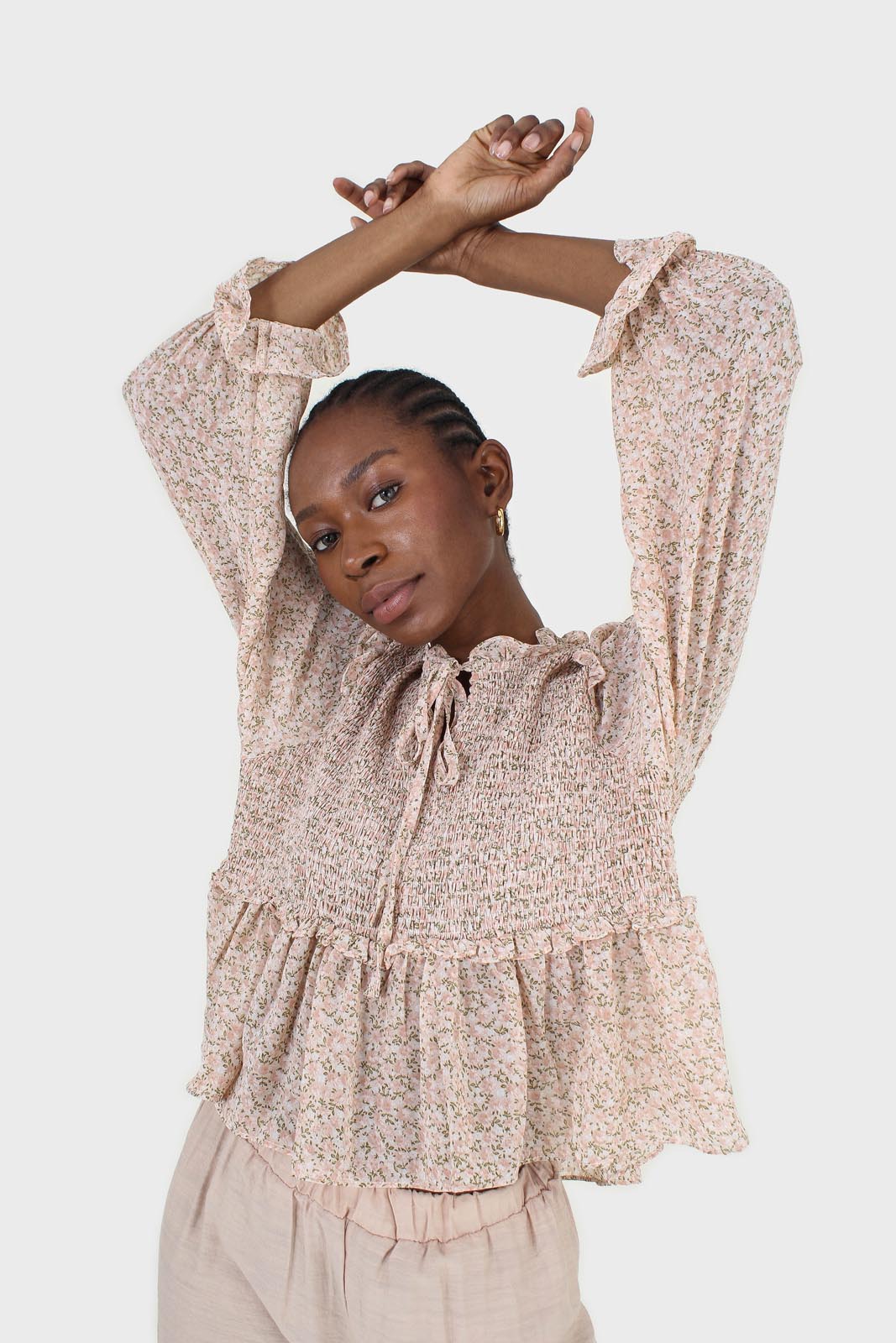 Pink and lilac floral print smocked blouse_8