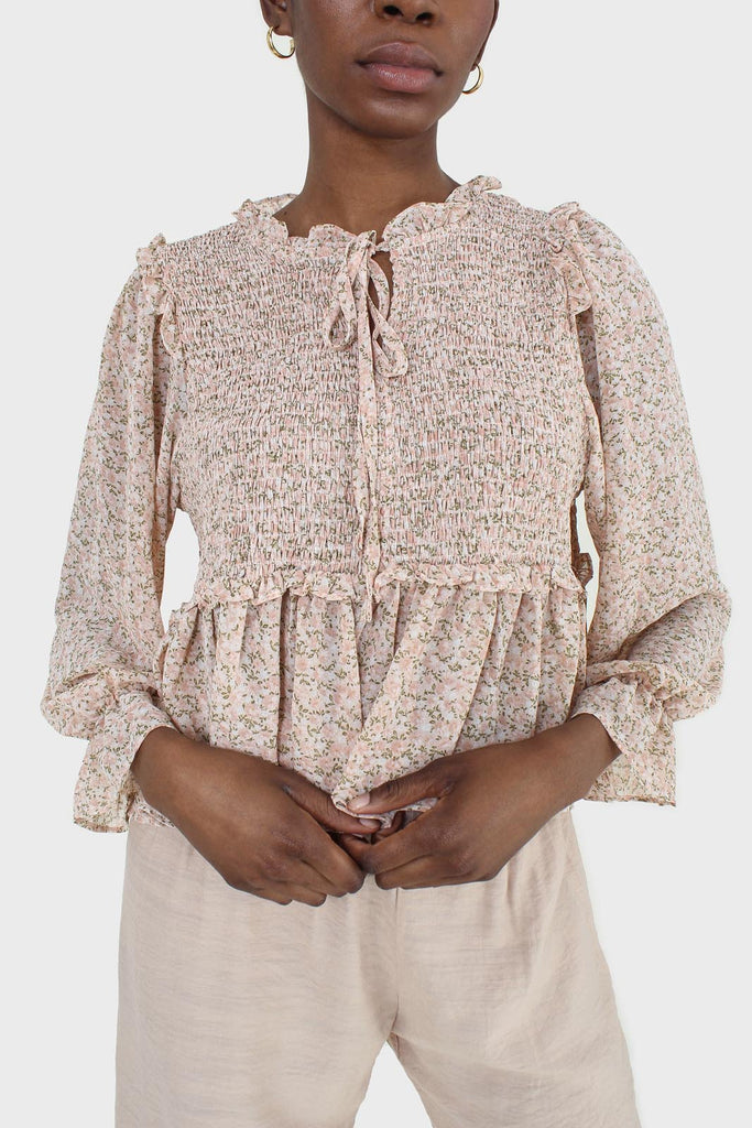 Pink and lilac floral print smocked blouse_6