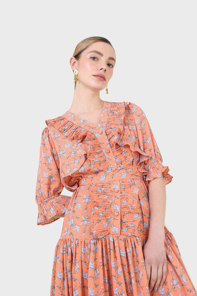 Orange floral printed ruffle dress_8