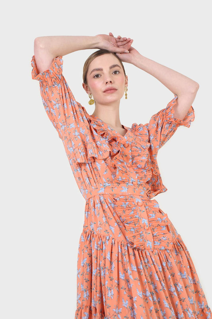 Orange floral printed ruffle dress_10
