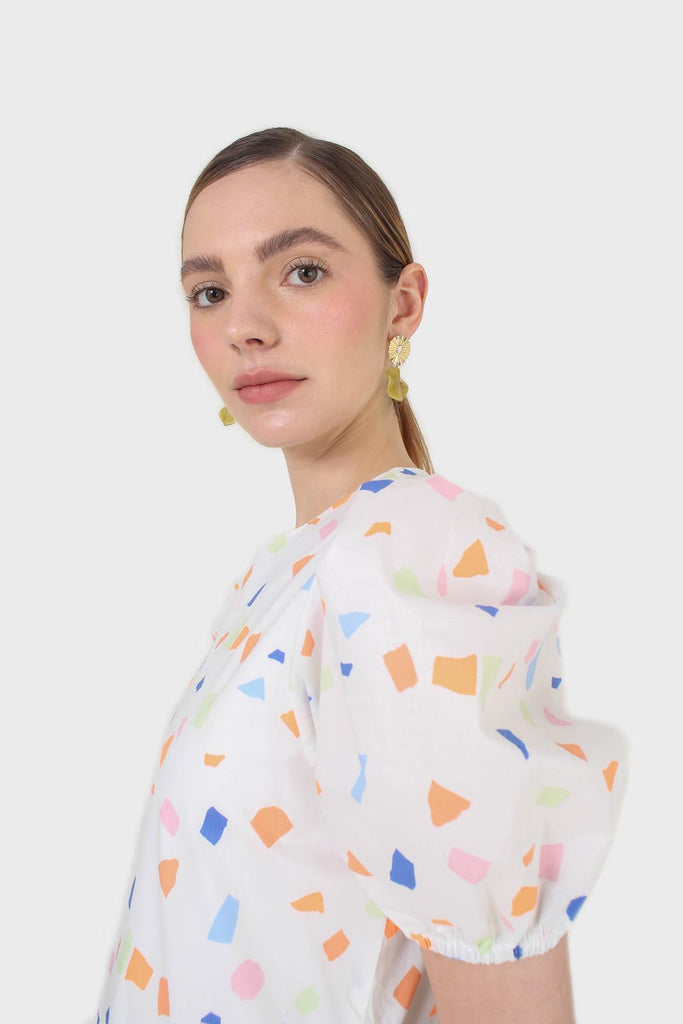 White and multicolour geometric print midi dress_8