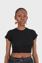 Black shirring crew neck tee_1