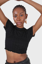 Black shirring crew neck tee_3