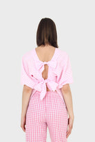 Pink gingham tie back puff sleeved top_1