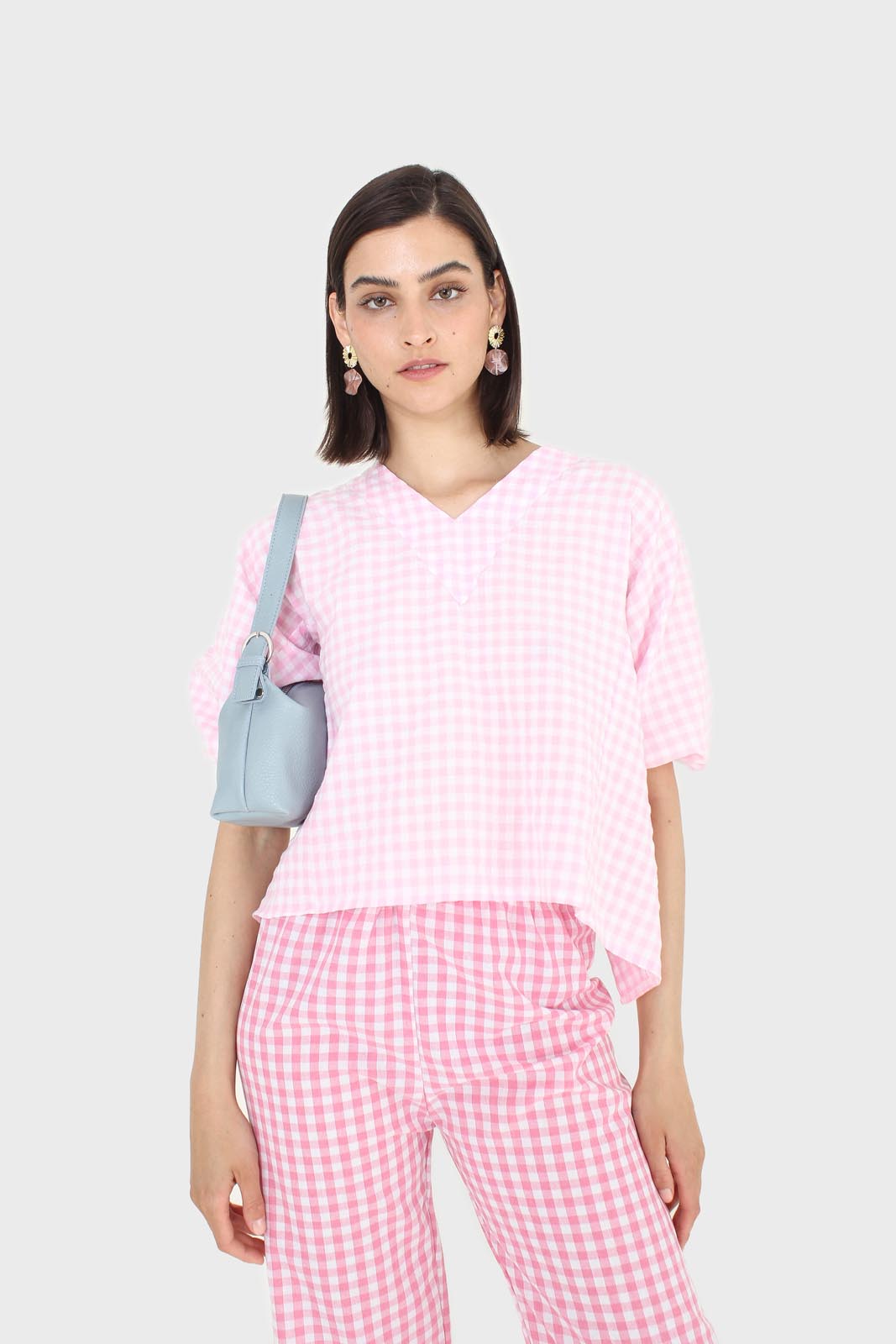 Pink gingham tie back puff sleeved top_6