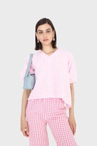 Pink gingham tie back puff sleeved top_6