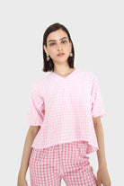 Pink gingham tie back puff sleeved top_9