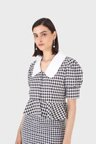 Black and white gingham large collar peplum top_8