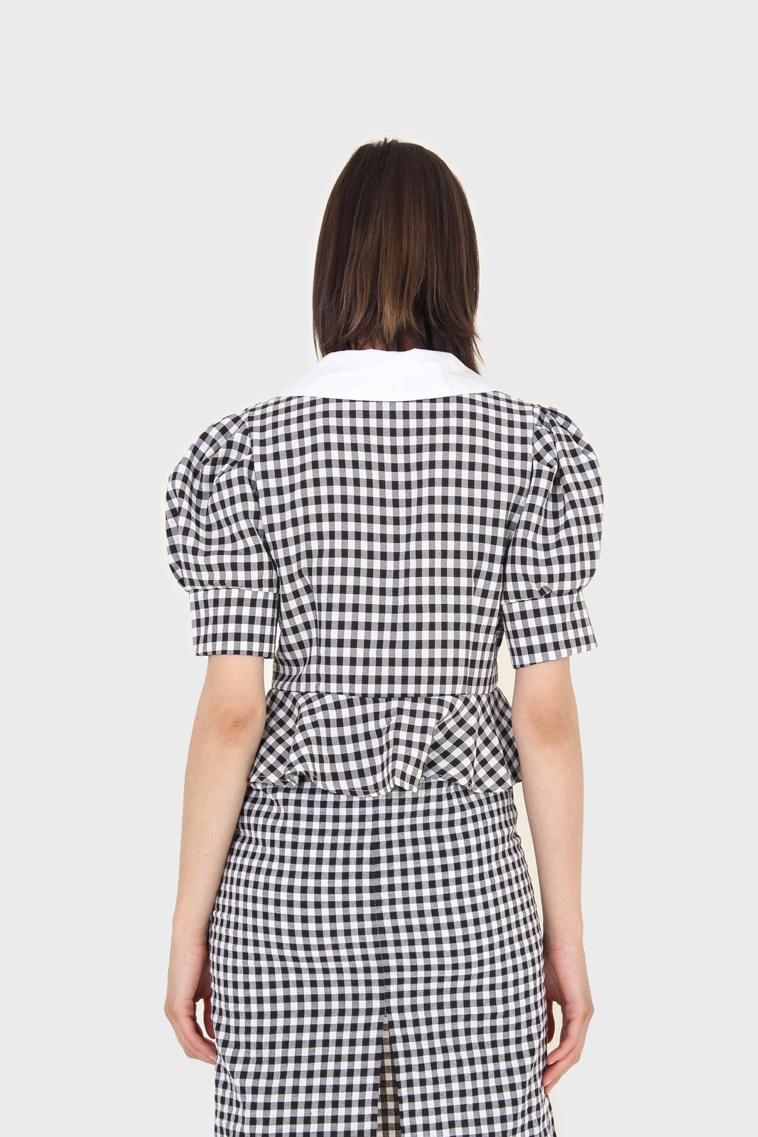 Black and white gingham large collar peplum top_2