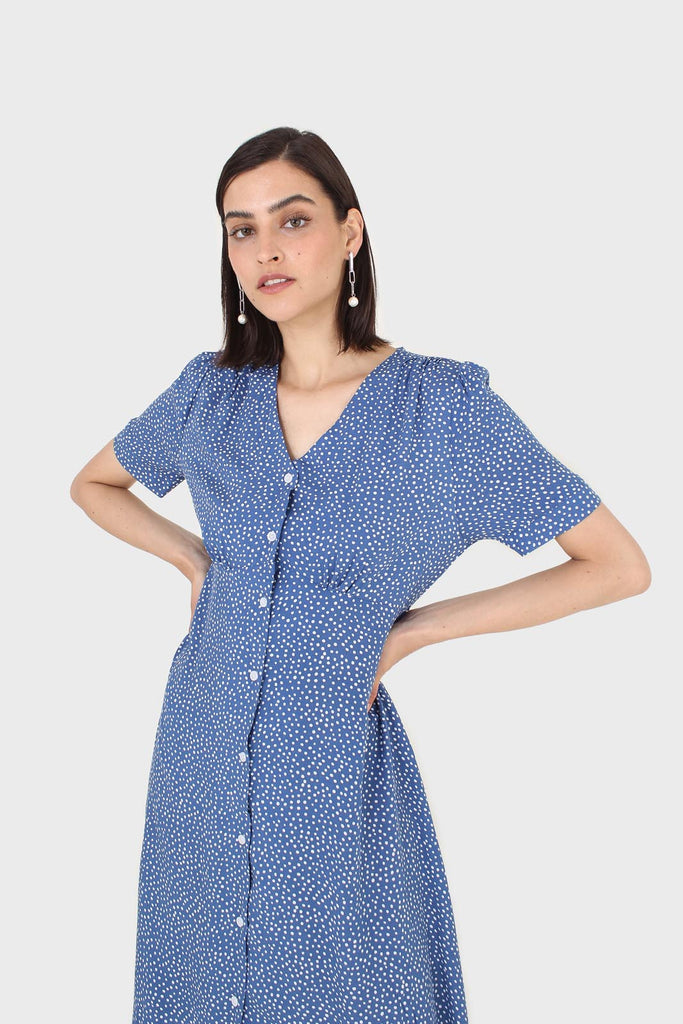 Bright blue and white polka dot button front dress_4