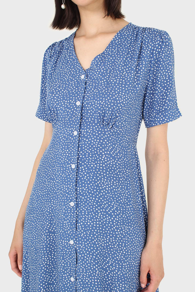 Bright blue and white polka dot button front dress_7