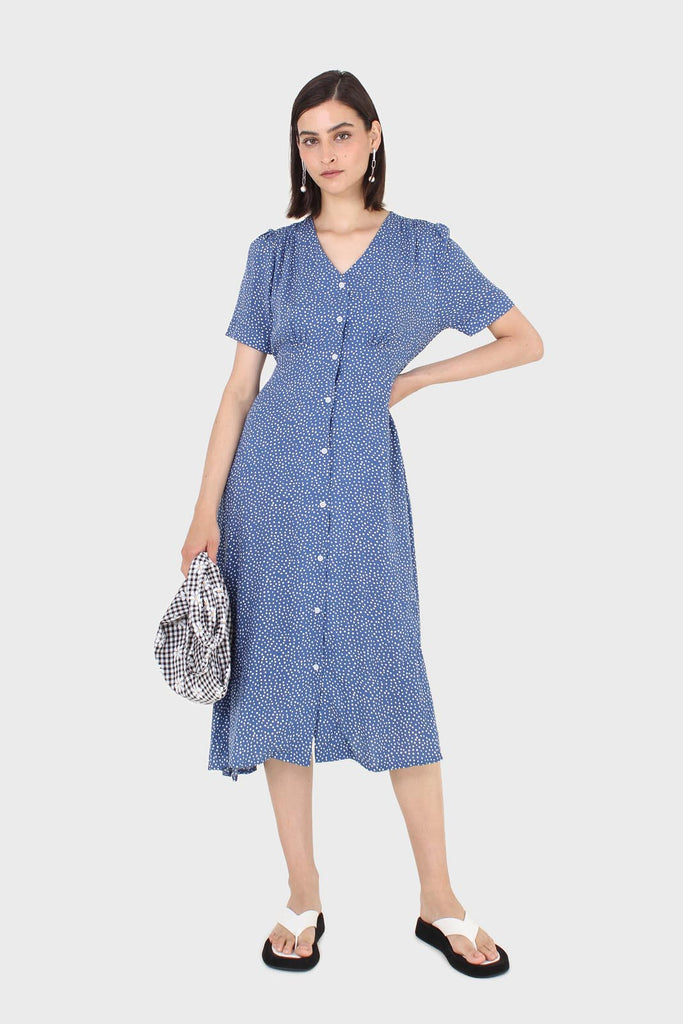 Bright blue and white polka dot button front dress_1