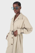 Light beige single breasted buckle detail trench coat_9