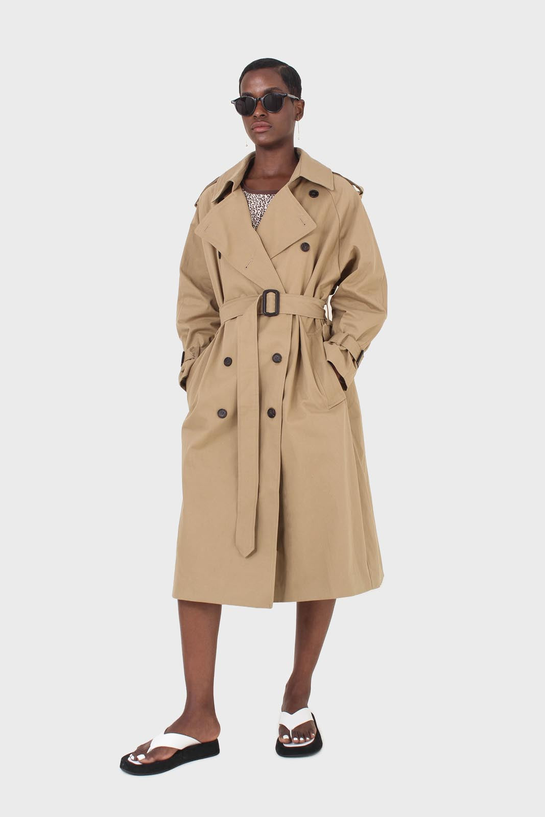 Dark beige classic double breasted trench coat