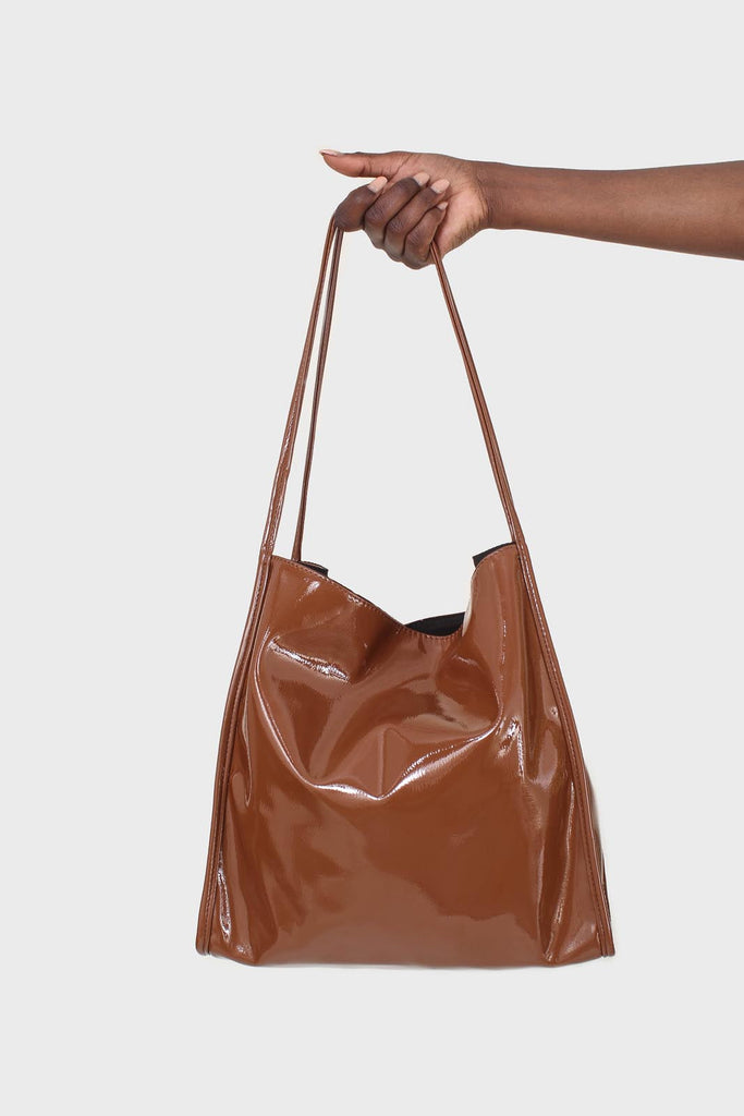 Deep camel high shine PVC tote bag_1